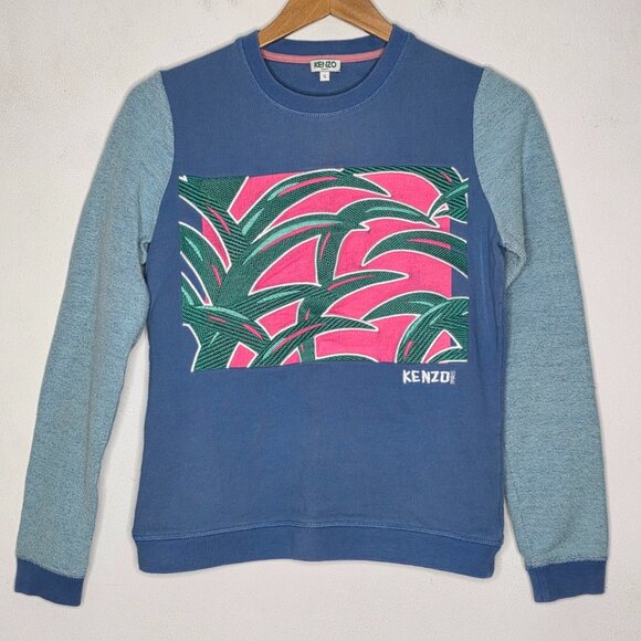 Kenzo Paris Blue Palm Front Print Long Sleeve Pullover Crew Neck Women's Small S - Picture 1 of 6